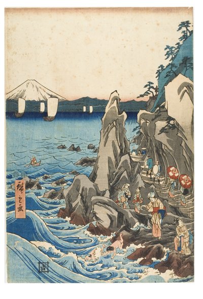 Pellegrinaggio alla mostra della statua di Benzaiten nel santuario principale di Iwaya a Enoshima nella provincia di Sagami da Ando or Utagawa Hiroshige