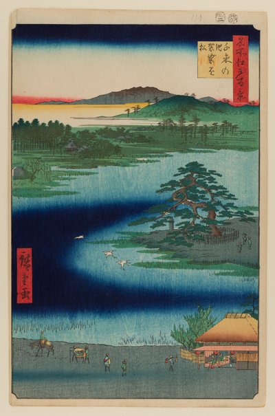 Pino pendulo, stagno di Senzoku da Ando or Utagawa Hiroshige