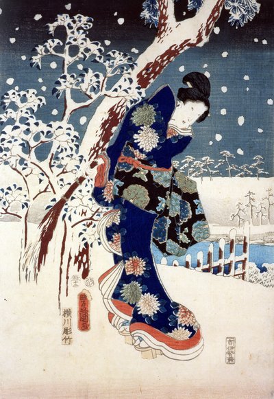Scena di neve nel giardino di un Daimyo, parte di trittico da Ando or Utagawa Hiroshige