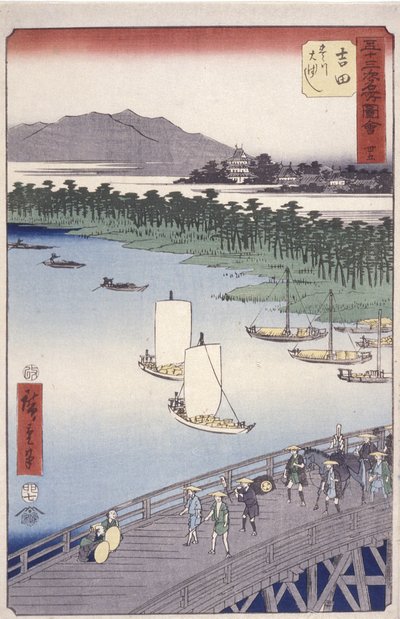Stazione 35, Yoshida; Serie Kyoka Tokaido (Figure che attraversano il primo piano) da Ando or Utagawa Hiroshige
