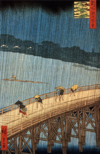 Doccia improvvisa (yudashi) sul ponte Ohashi, Giappone, incisione di Ando Hiroshige da Ando or Utagawa Hiroshige