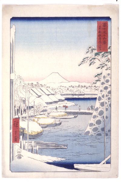 Riva del fiume Sukiya nella capitale orientale da Ando or Utagawa Hiroshige