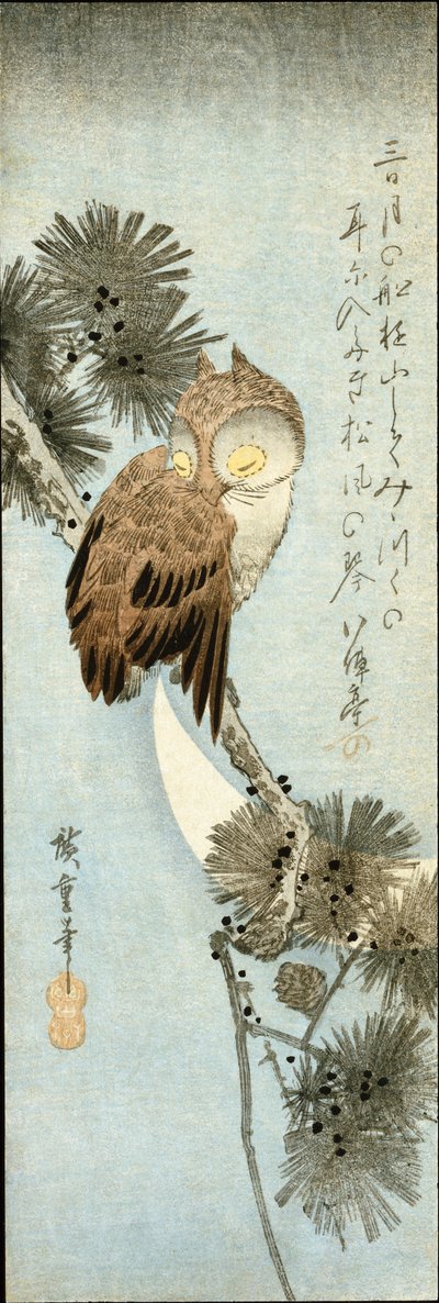 La luna crescente e il gufo appollaiato sui rami di pino da Ando or Utagawa Hiroshige