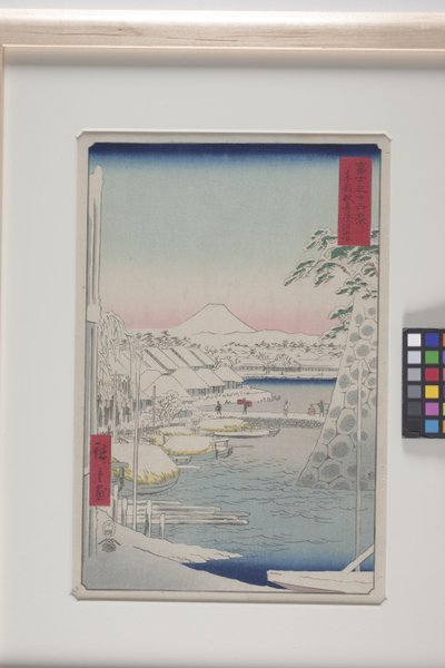 La riva del fiume Sukiya nella capitale orientale da Ando or Utagawa Hiroshige