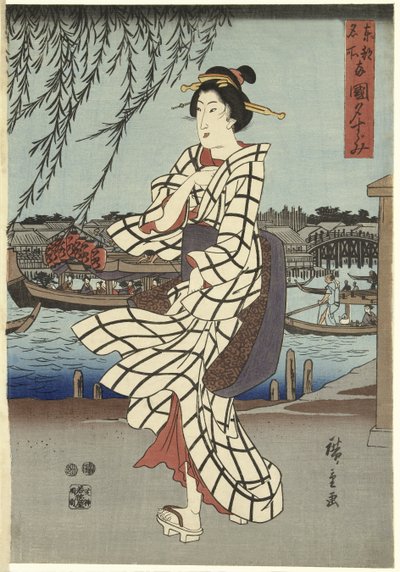 Donna che cammina su una riva del fiume da Ando or Utagawa Hiroshige