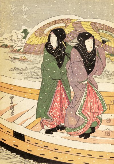 Donne che camminano su un ponte nella neve da Ando or Utagawa Hiroshige
