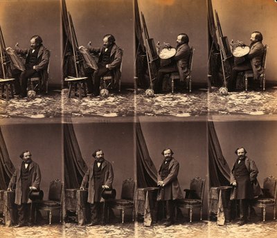 Ritratto del pittore Lepualle: foglio di sei carte de visite non tagliate (foto b/n) da Andre Adolphe Eugene Disderi