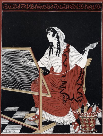Odissea di Omero: Penelope che disfa e rifà costantemente il suo arazzo mentre aspetta il ritorno di Ulisse) Illustrazione di Andre Bonamy (1880-1943) in "Il ritorno di Ulisse" di Jean Baptiste Coissac da Andre Bonamy