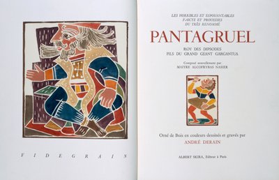 Frontespizio di "Les horribles et espouvantables faictz et prouesses du tres renomme Pantagruel, Roy des Dipsodes, fils du grand geant Gargantua. Compose nouvellement par Maitre Alcofybras Nasier", di Francois Rabelais (c.1494-1553) 1943 (xilografia) da Andre Derain