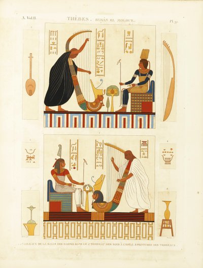 Dipinti di due arpisti nella tomba del faraone Ramses III nella Valle dei Re da Andre Dutertre