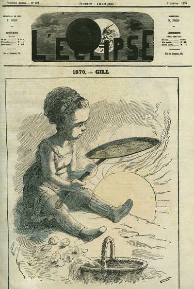 1870, cucina sociale: una bambina cucina una crepe in una stufa riscaldata dal sole. Copertina in 