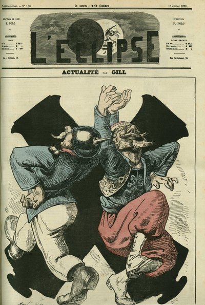 Attualità, soldato prussiano e francese che ballano davanti ai cannoni della guerra franco-prussiana. Copertina in 