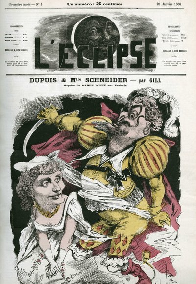 Barbe-Bleue, opera su musica di Offenbach al teatro Varietes, con Dupuis come "Barbe-Bleue" e Hortense Schneider come Boulotte. Copertina in "L