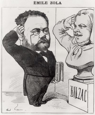 Caricatura di Emile Zola che saluta un busto di Honore de Balzac, 1878 da Andre Gill
