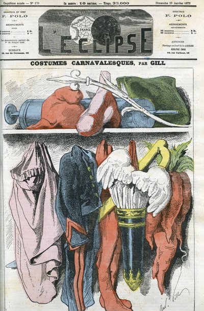Costumi di carnevale, un abito da artigliere per Napoleone III, il berretto repubblicano per Duvernois, un costume da boia per Bismarck... Copertina in "L