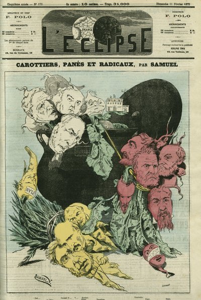 Carote, vetri e radicali, i diversi partiti politici in verdure nella pentola del potere. Disegno che sostituisce la caricatura di Gill, censurata. Copertina in "L