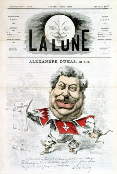 Cartone e autografo di Alexandre Dumas - di Gill in "La Lune" del 02/12/1866 da Andre Gill
