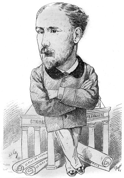 Caricatura di Albert Delpit (1849-1893), romanziere francese. Disegno di Andre Gill. Incisione in "Le Monde Illustré" da Andre Gill