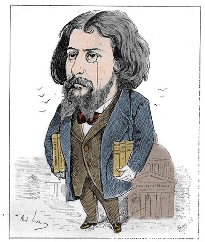 Caricatura di Alphonse Daudet (1840-1897), scrittore francese, rappresentato con i suoi libri e il suo monocolo davanti all