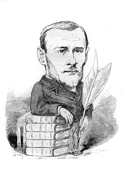 Caricatura di Georges Ohnet (1848-1918), scrittore francese rappresentato con i suoi libri e la sua penna. Disegno di André Gill. Incisione in "Le Monde Illustré" da Andre Gill