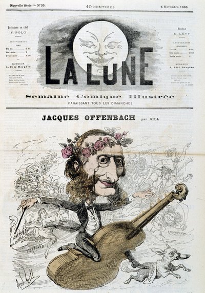 Caricatura di Jacques Offenbach (1819 - 1880), a cavallo di un violino - di Gill in “La Lune” del 04/11/1866 da Andre Gill