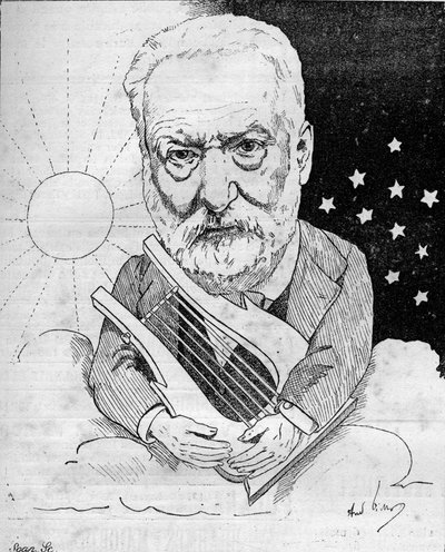 Caricatura di Victor Hugo (1802-1885), scrittore francese, raffigurato con una lira su una nuvola nel cielo tra giorno e notte. Disegno di Andre Gill. Incisione in "Le Monde Illustré" da Andre Gill
