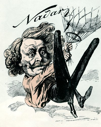 Caricatura di Felix Nadar, pioniere della fotografia aerea nel 1858, qui appeso al suo pallone (incisione) da Andre Gill