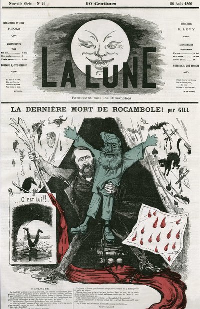 Caricatura di "La dernière mort de Rocamole" e del suo autore, Pierre Alexis Ponson du Terrail da Andre Gill