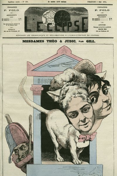 Caricatura delle signore Louise Theo e Anna Judic, cantanti in un