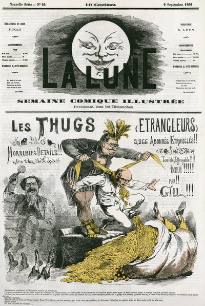 Caricatura dei "Thugs", un culto di stranieri, adoratori di Kali sterminati dai coloni britannici. Caricatura di Gill, in "La Lune", 2 settembre. da Andre Gill