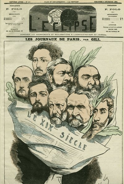 Caricatura della squadra del giornale "Le XIXe siècle", diretto da Edmont About (1828-?), uomo di lettere francese. Copertina in "L