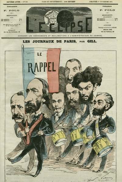 Caricatura "il richiamo" della Repubblica dai giornali di Parigi, con Paul Meurice, Auguste Vacquerie, Gaulier, Blum, Lefevre, D