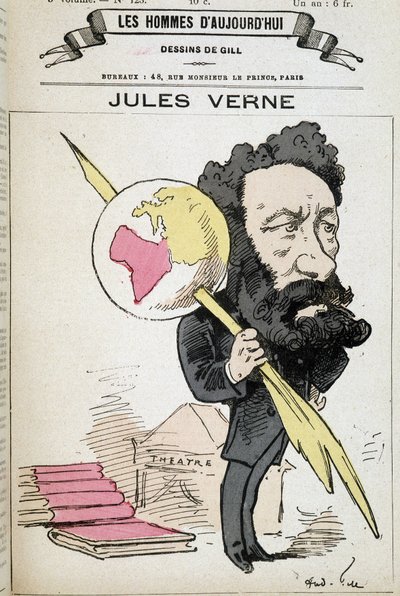 Jules Verne che pizzica la terra con la sua penna - di Gill, in "Gli uomini di oggi" da Andre Gill