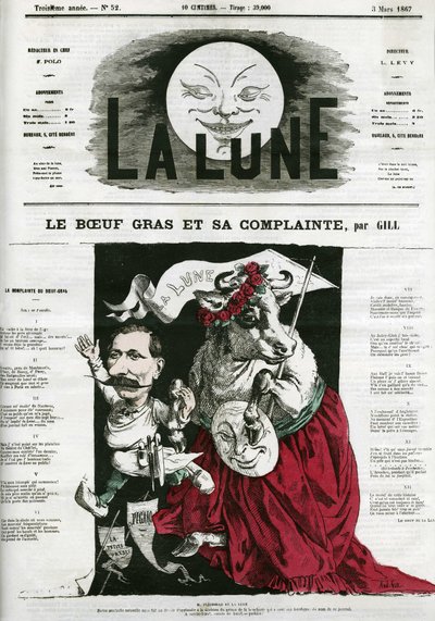 Le Beeuf gras e la sua lamentazione, illustrazione di una canzone. Caricatura di Gill, in "La Lune", 3 marzo da Andre Gill