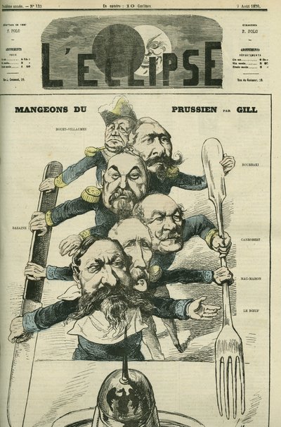 Mangiamo prussiano con i generali Le Boeuf (1806-1893), Mac-Mahon (1808-1893), Francois Achille Bazaine (Francois-Achille da Andre Gill