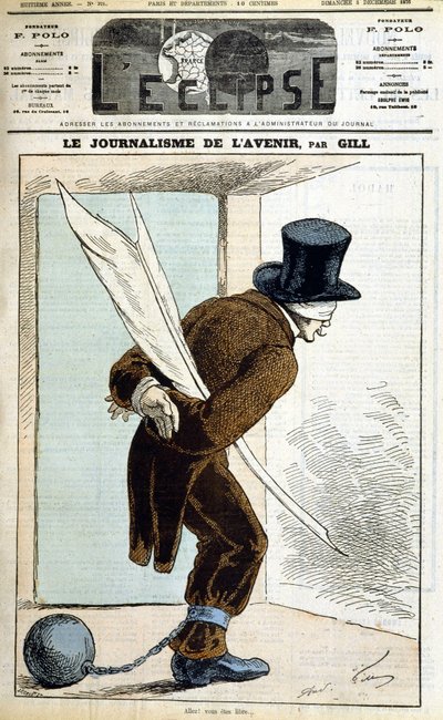 Uomo con strisce sugli occhi con piuma, mani legate e una palla al piede: "Giornalismo del Futuro" - di Gill, in "L