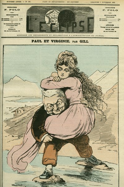 Ritratto di Adolphe Thiers, storico e politico francese, rappresentato in "Paul et Virginie" (la Repubblica). Copertina di "L