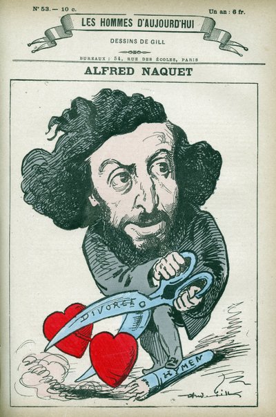 Ritratto di Alfred Naquet (1834-1916), medico, chimico e politico francese, ristabilì la legge che autorizzava il divorzio nel 1884. Caricatura di Gill, Parigi da Andre Gill