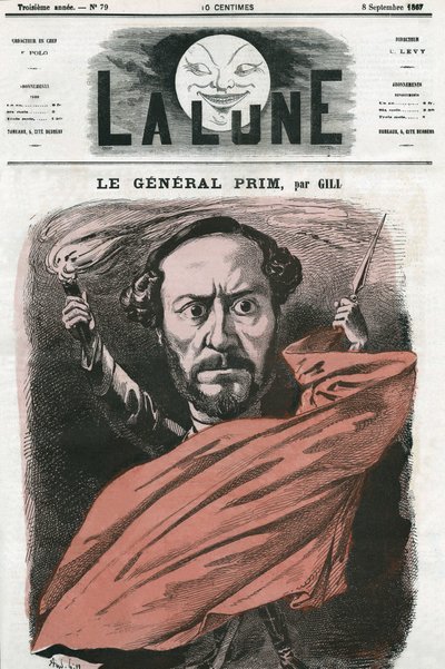 Ritratto del generale Juan Prim (1814-1870), militare e politico spagnolo. Caricatura di Gill, in "The Moon", 8 settembre da Andre Gill