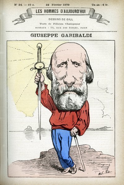 Ritratto di Giuseppe Garibaldi, politico italiano. Caricatura di Gill, in "Les Homme d