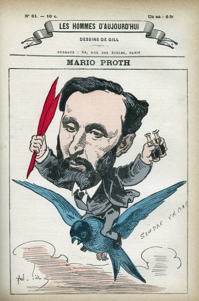 Ritratto di Mario Proth (1832-1891), scrittore, critico letterario e pubblicista francese. Caricatura di Gill, Parigi da Andre Gill