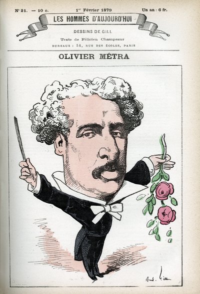 Ritratto di Olivier Metra (1830-1889), attore francese, compositore popolare. Caricatura di Gill, in "Les Homme d