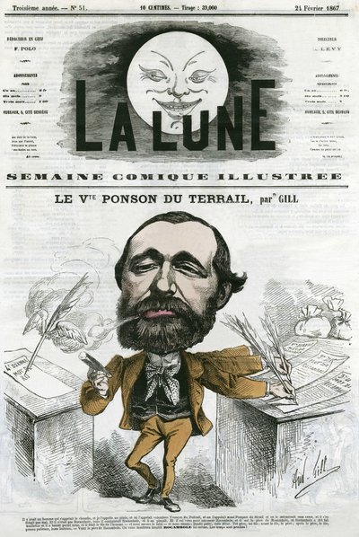 Ritratto di Viconte Ponson du Terrail (1829-1871), scrittore popolare francese, autore di un romanzo a puntate. Caricatura di Gill, in "La Lune", 24 febbraio da Andre Gill