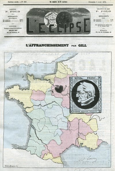 Francobollo, mappa della Francia in quattro zone e il suo francobollo con il profilo del Presidente della Repubblica Adolphe Thiers (1797-1877). Copertina in “L