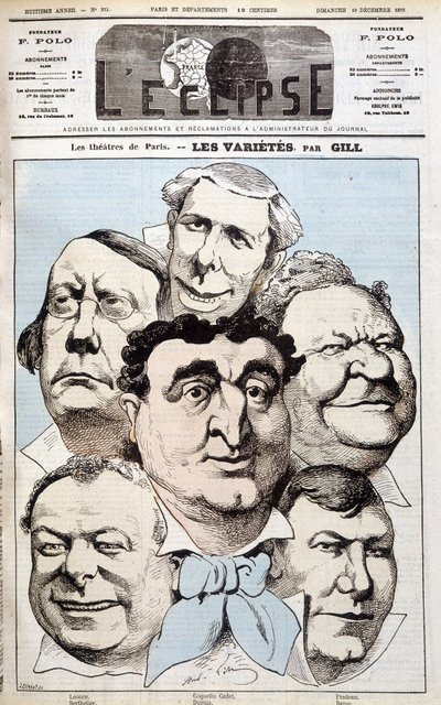 I ritratti di Léonce, Berthelier, Poppy Cadet, Dupuis, Pradeau e Baron, autori teatrali. Cartone animato di Gill in “L