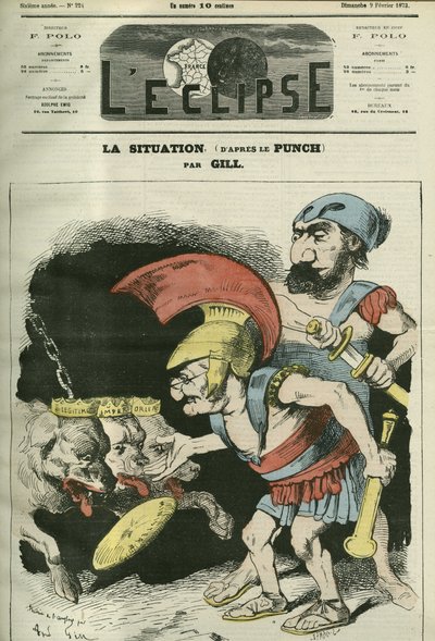 La situazione, caricatura di Adolphe Thiers (1797-1877) e Leon Gambetta (1838-1882) che danno un ministero a cani realisti e bonapartisti. Copertina di "L