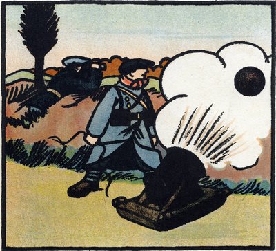 Prima Guerra Mondiale 1914-1918: Lanciatore di bombe. Un soldato francese lancia bombe al nemico con un cannone. Incisione in 