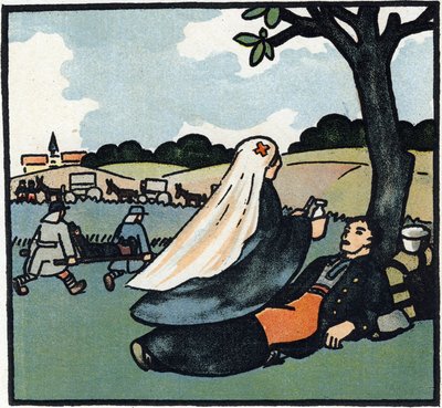 Prima guerra mondiale 1914-1918: Infermiera della Croce Rossa che si prende cura dei soldati fino ai campi di battaglia. Incisione in 