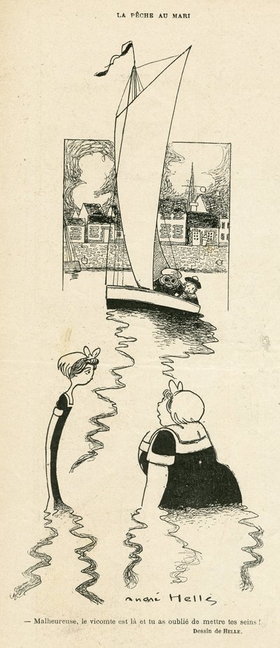 Illustrazione di Andre Helle (1875-1945) in Le Rire, 03/09/10 - La pesca al marito - Tempo libero, amore, marittimo, marino, mare, obbedienza, yachting da Andre Helle