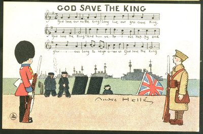 Cartolina, Satirica a Colori: Dio salvi il re - Guerra del 14-18, Inghilterra Gran Bretagna, Canto - Soldati Illustrazione di Andre Helle da Andre Helle